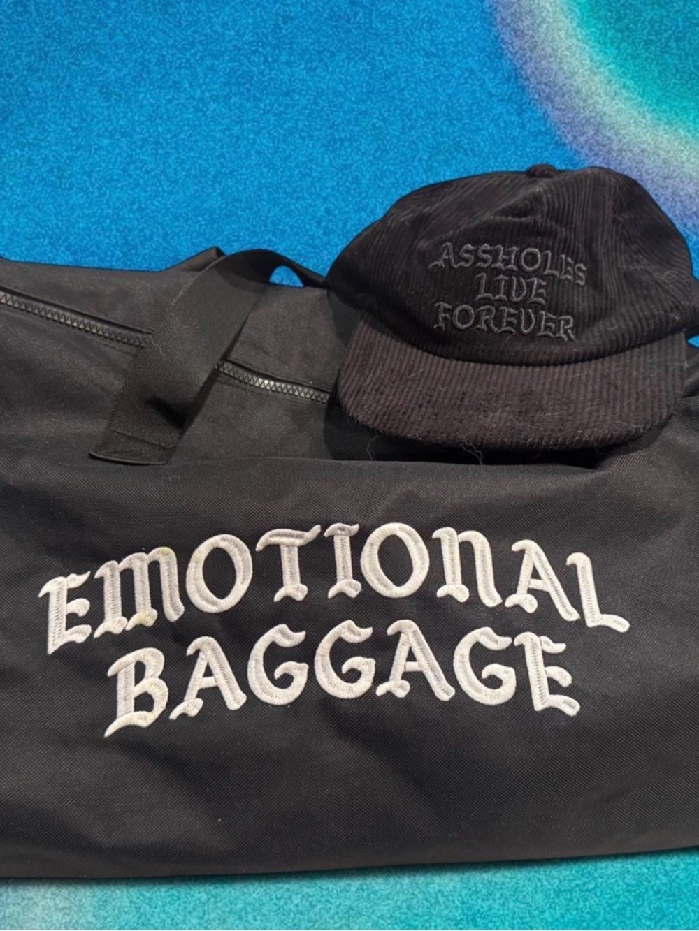 Black Embroidered "Emotional Baggage" Duffel Bag and Hat - A**holes Live Forever